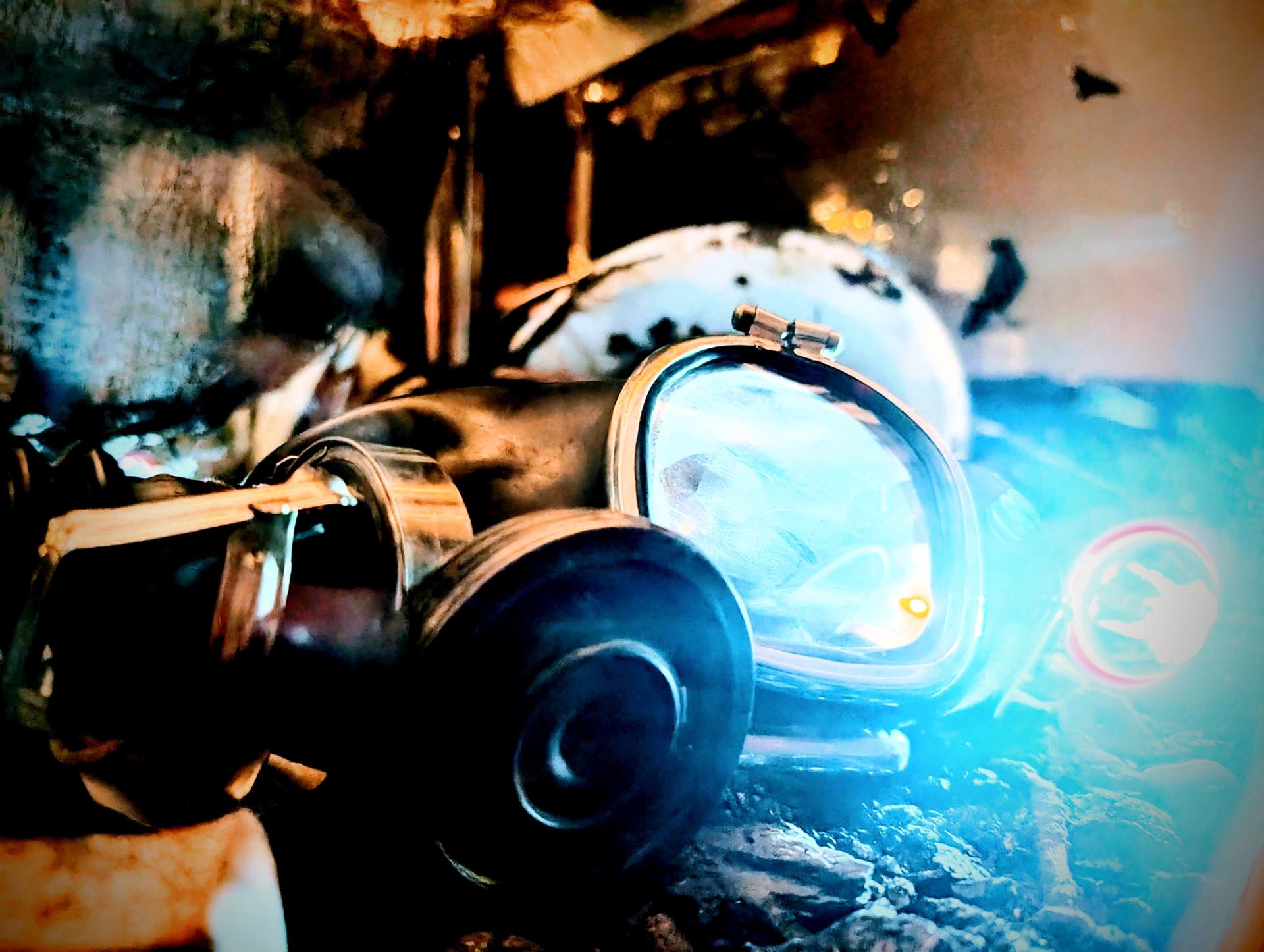 Close-up of an old gas mask and helmet illuminated by eerie blue light in Bellevue Mine.