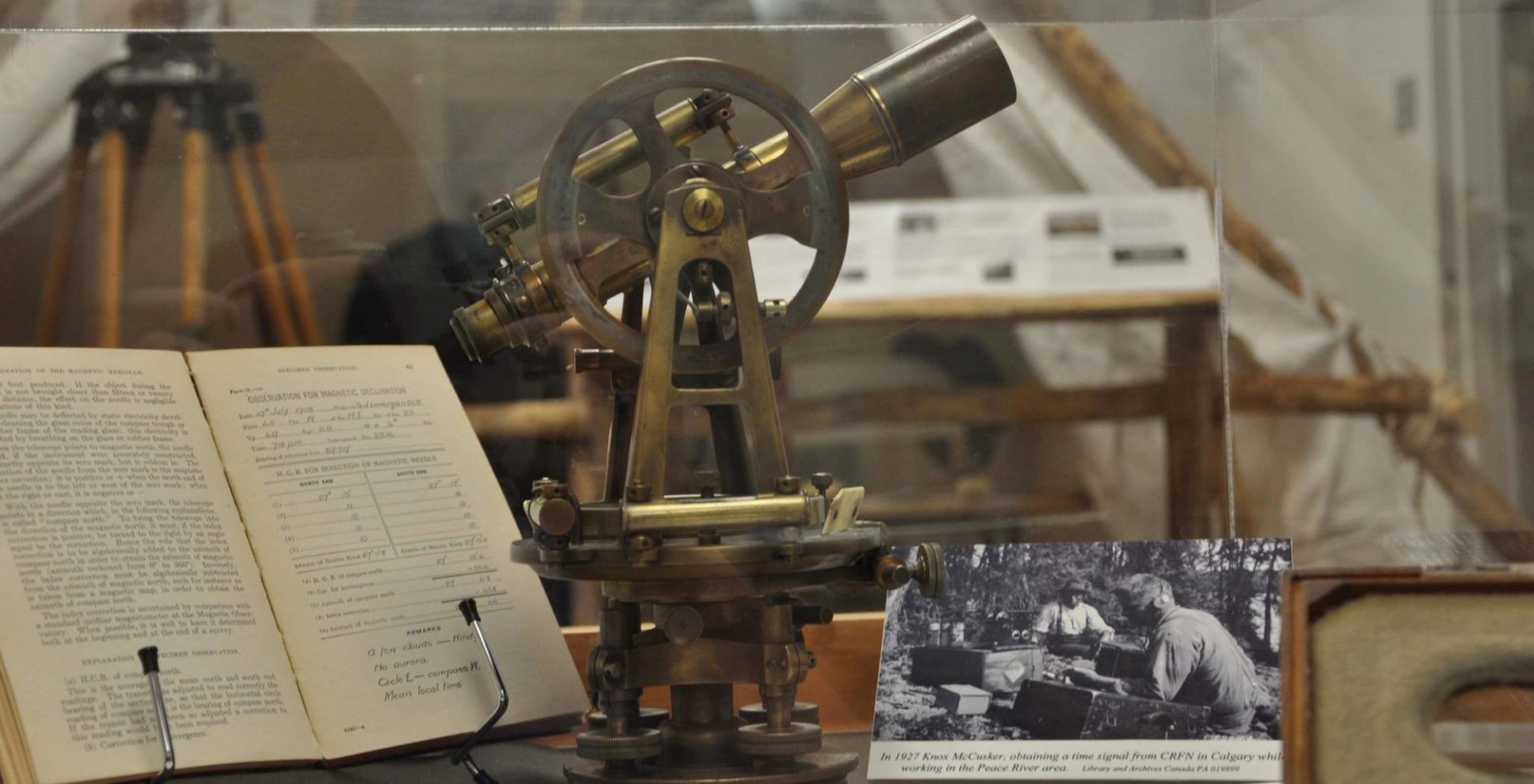 Antique surveying display at Strathcona County Museum & Archives.