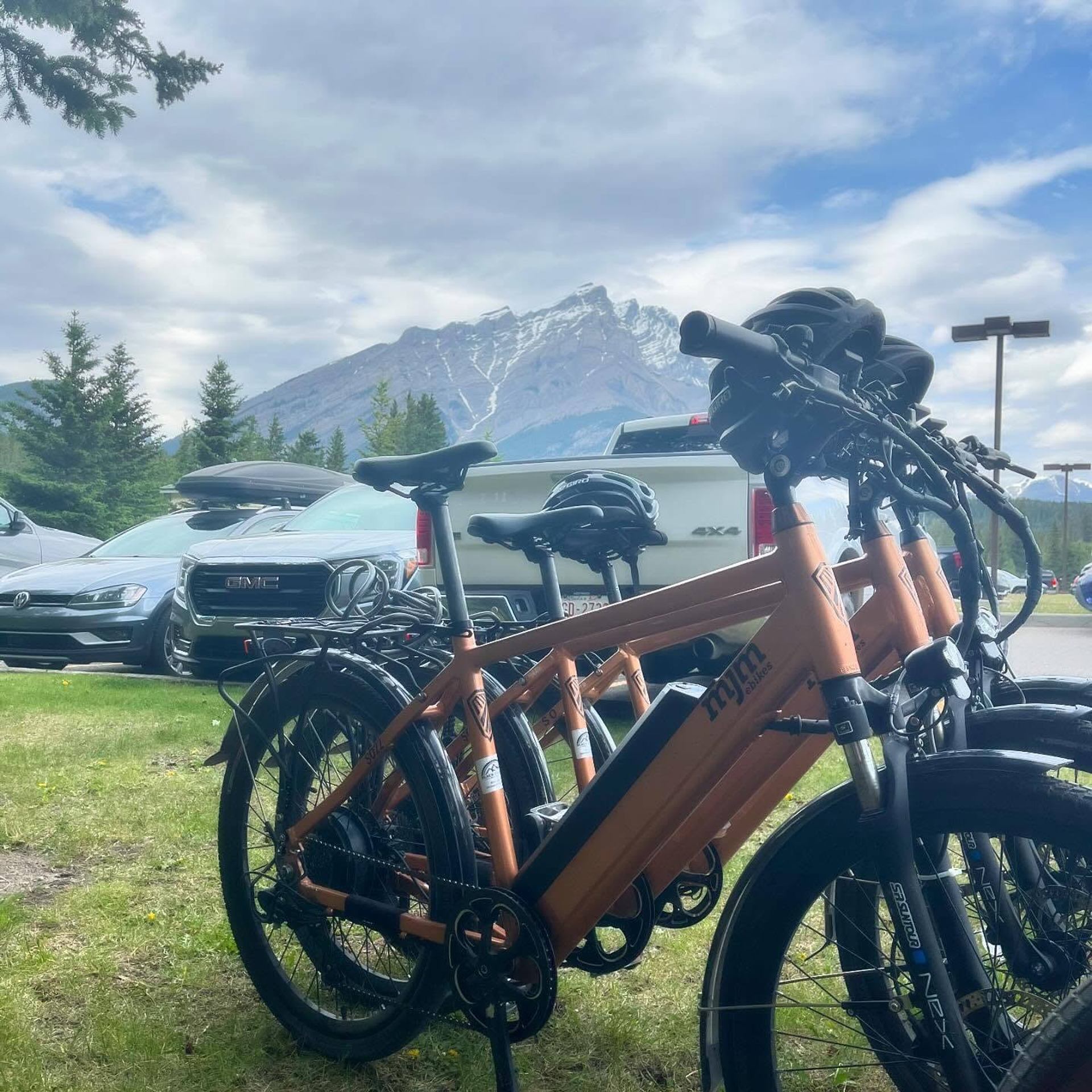 Several orange electric bicycles are parked on grass near vehicles, with a mountain landscape and cloudy sky in the background.