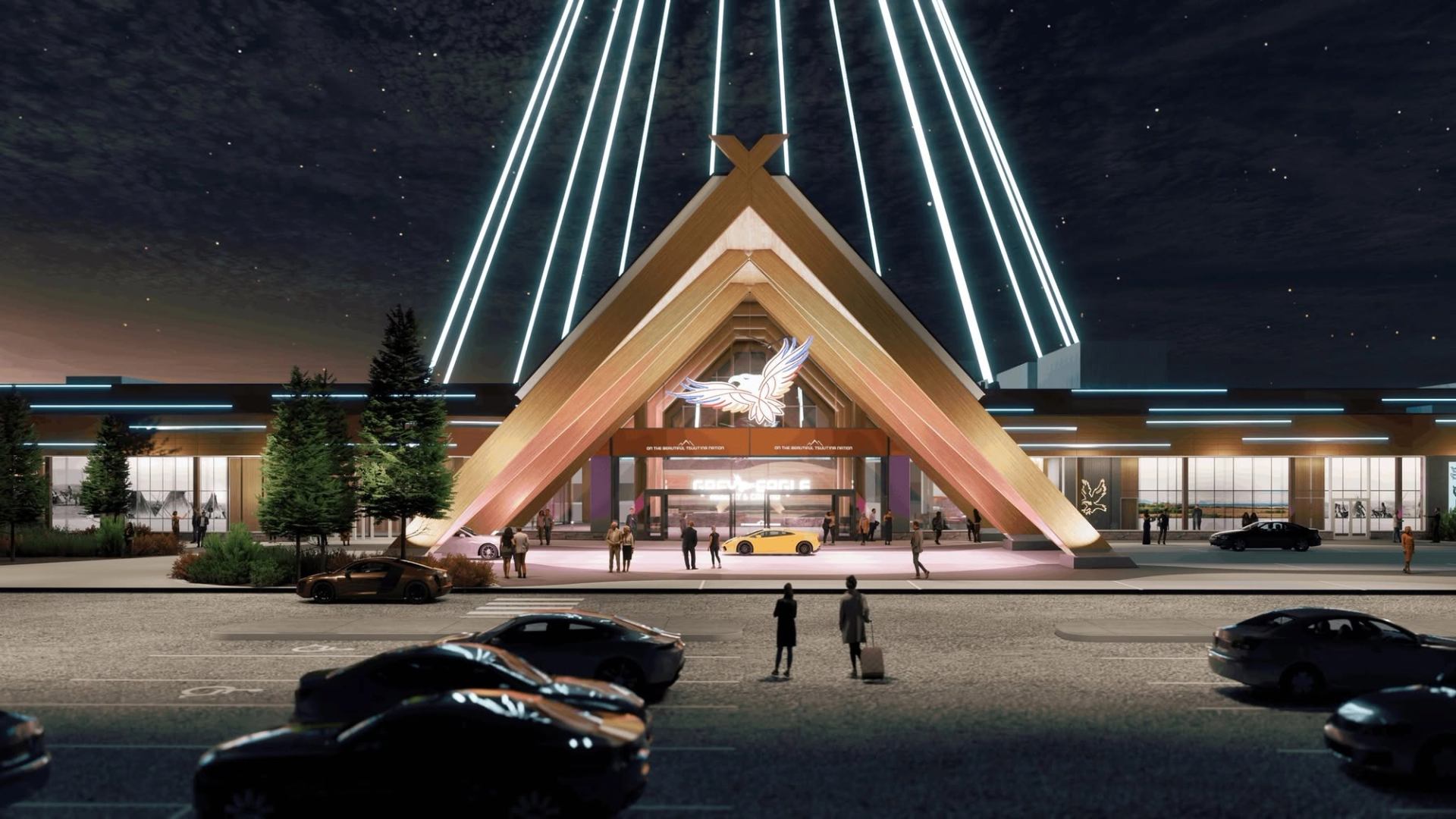 Illuminated triangular building entrance with eagle sign, pedestrians and cars under a starry sky.