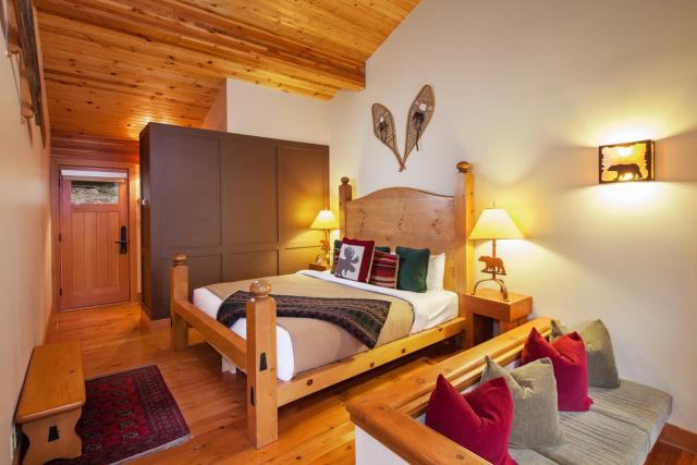 Interior bedroom in the Moraine Lake Lodge.