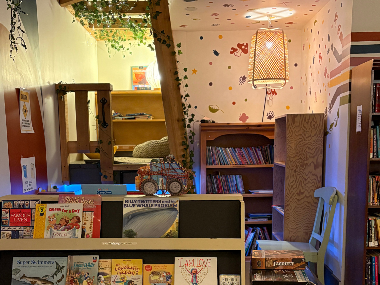 the children's area at Found Books & Shop treehouse with lots of books and magic