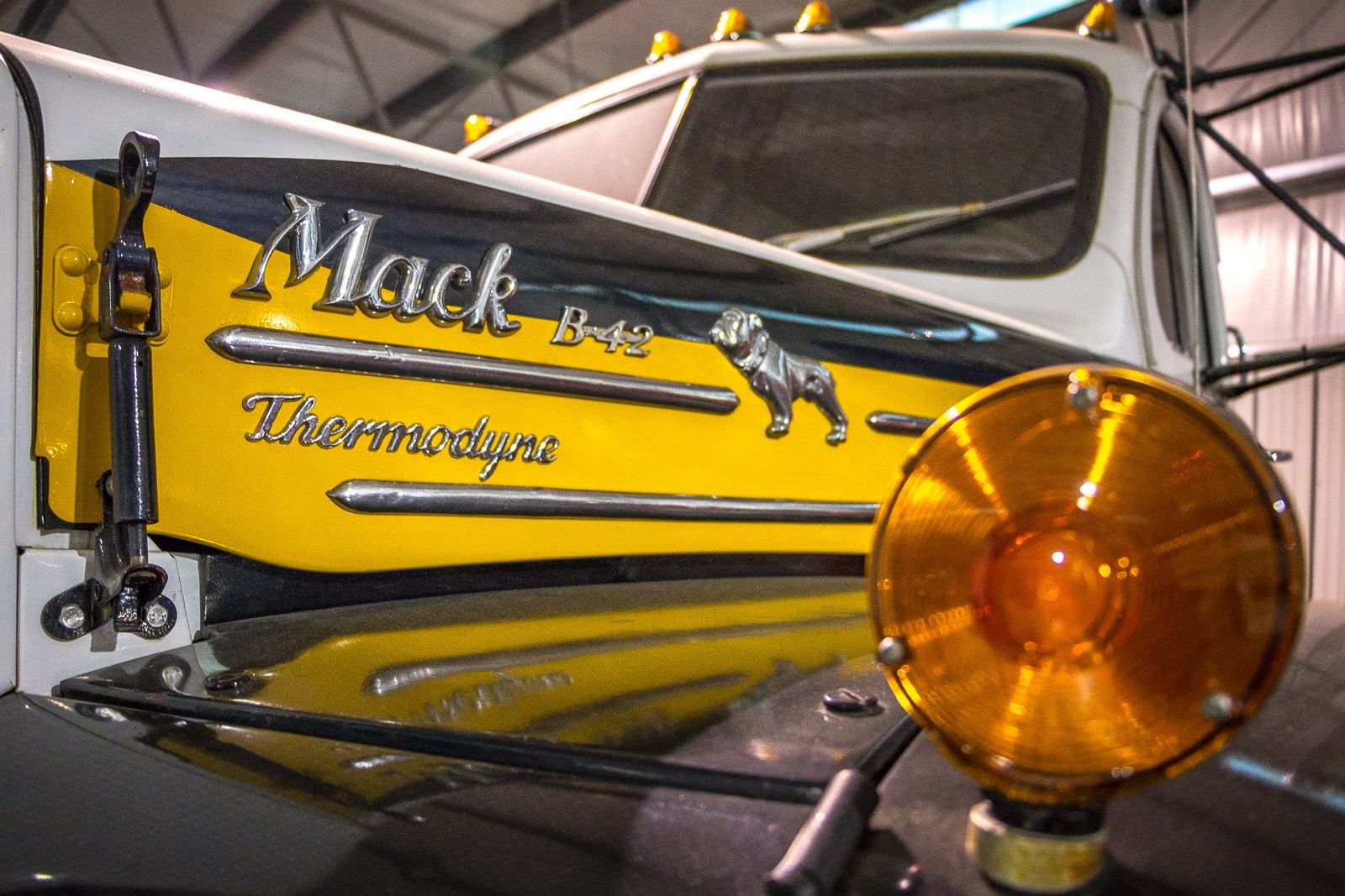 A close up of a Mack B-42 Thermodyne truck