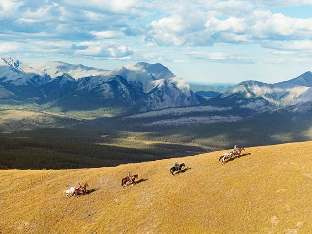 Horses ride across a grassy hillside with distant mountains under partly cloudy sky.
