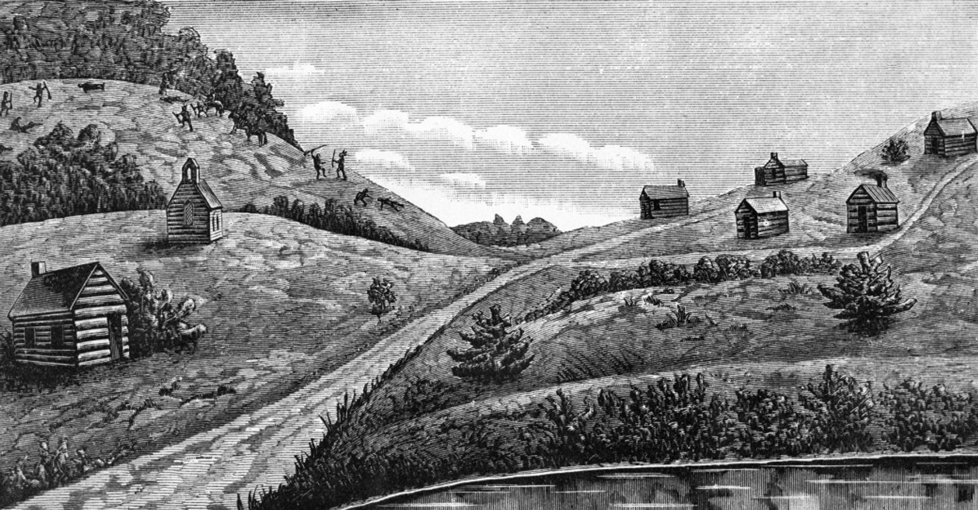 A historical illustration showing buildings, hills, trails, and a lakeside setting.