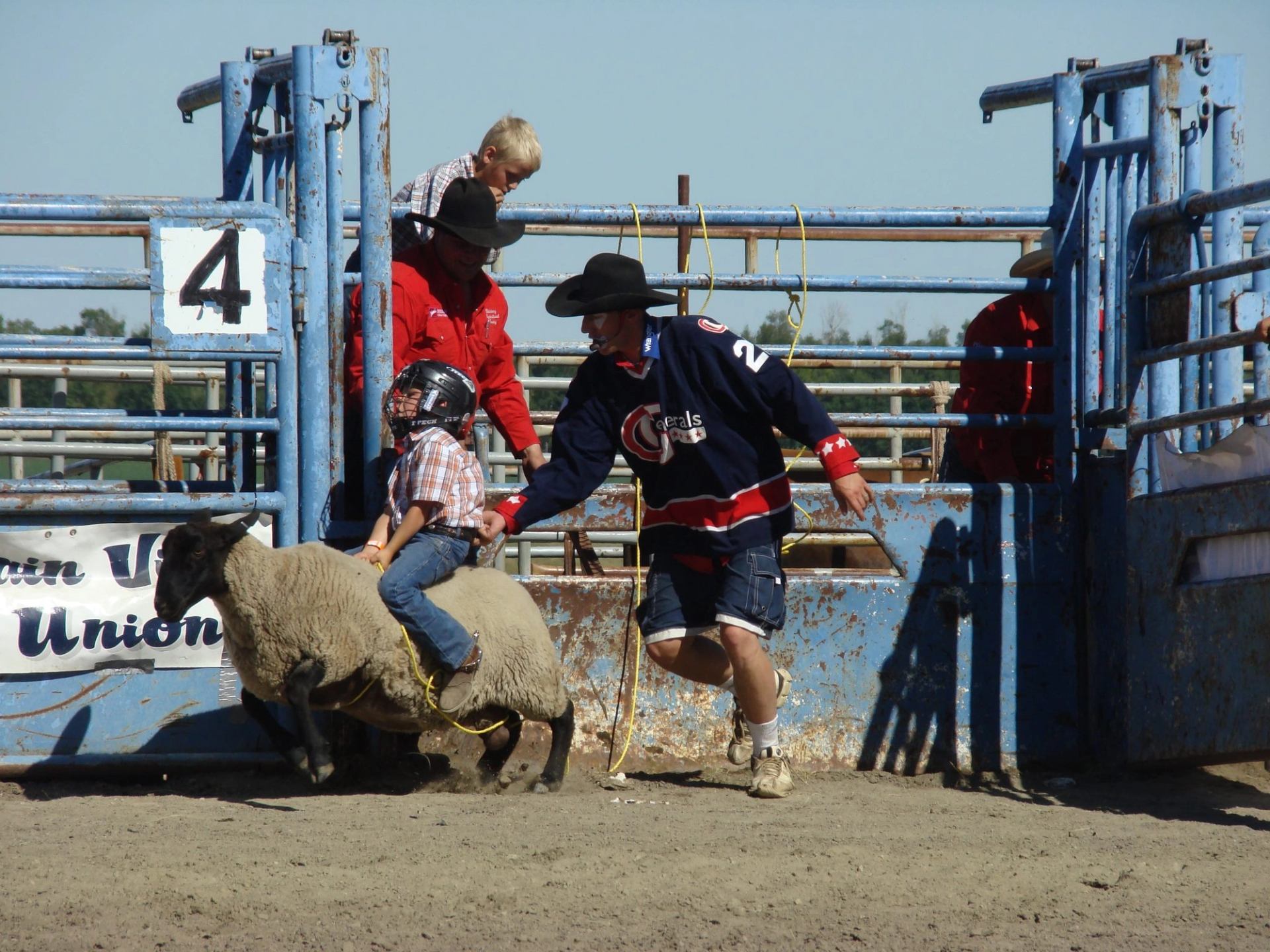A boy riding a sheep for the mutton busting competition
