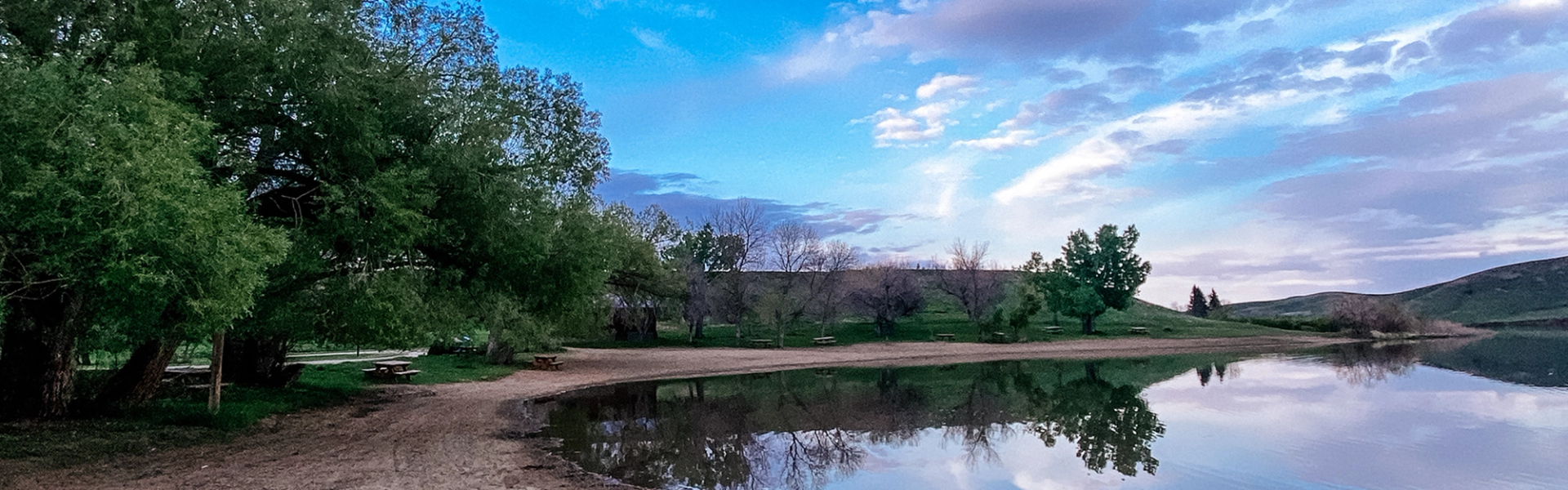 Tree-lined beach at Little Bow with picnic tables and calm reservoir reflecting sky