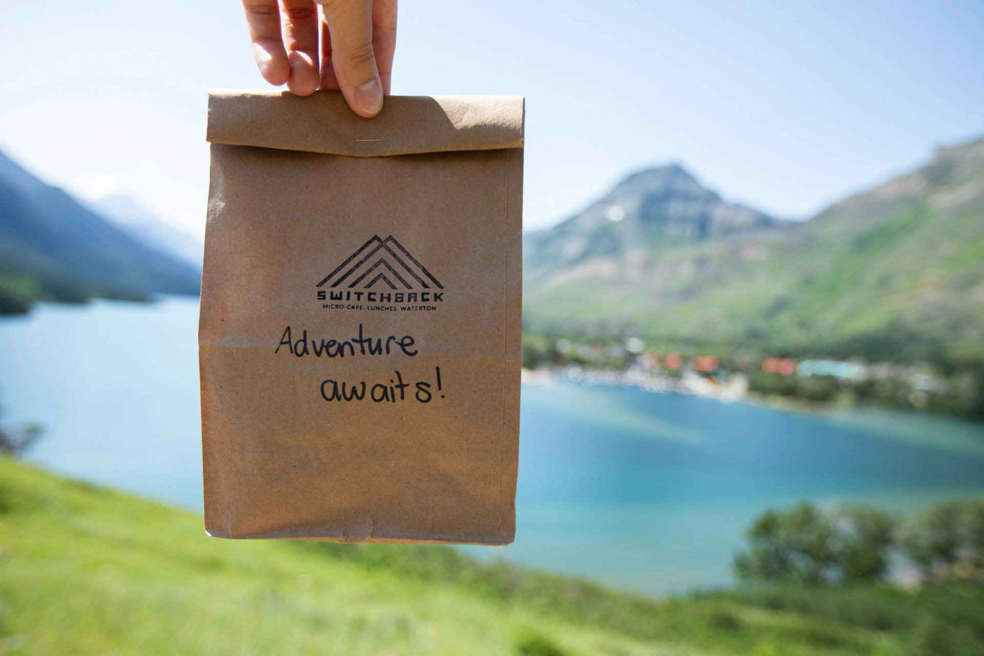 Switchback Micro‑Cafe paper bag held up with a mountain lake and village below.
