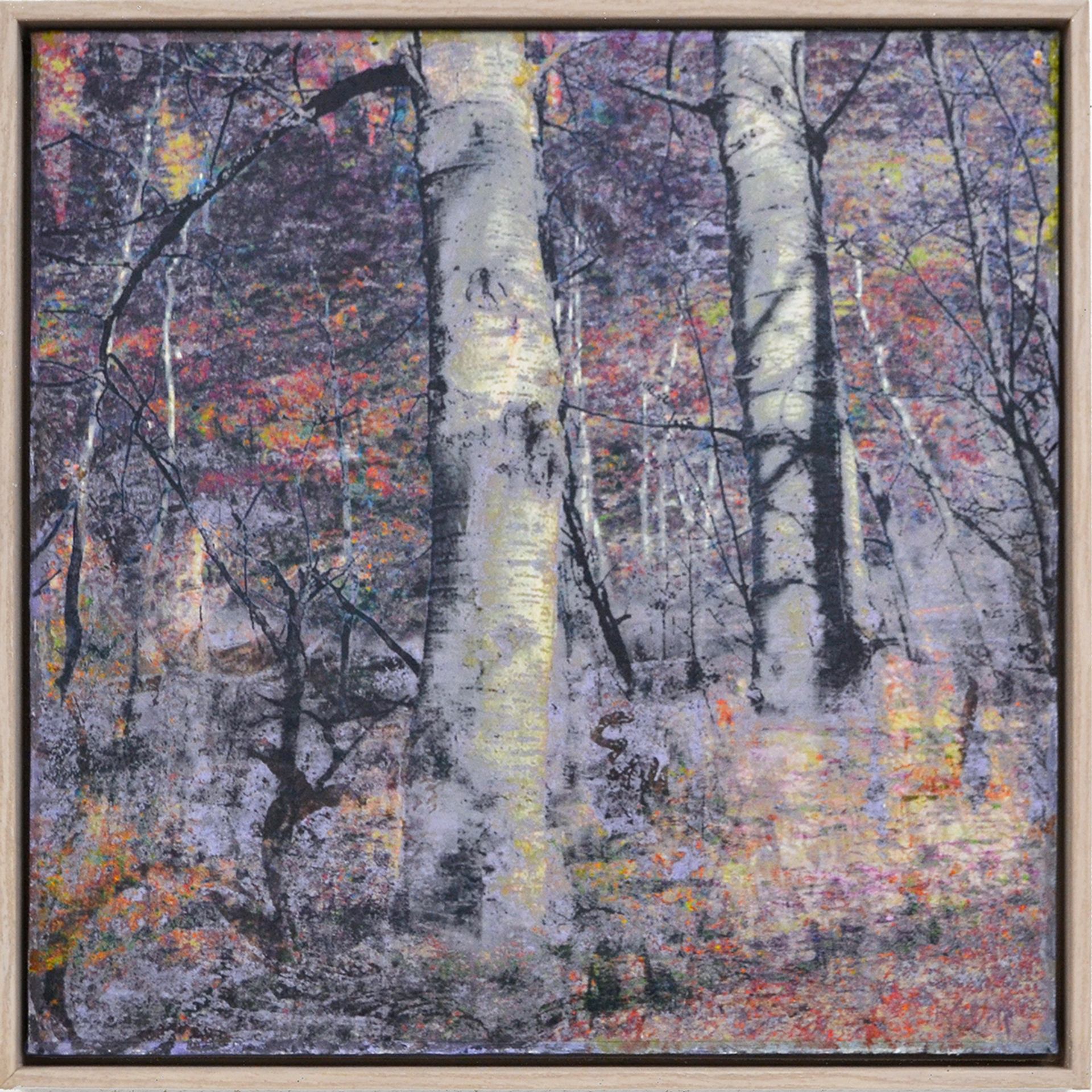 Robin Smith Peck painting of popular trees in colors in purples, yellow, oranges, red, and black.