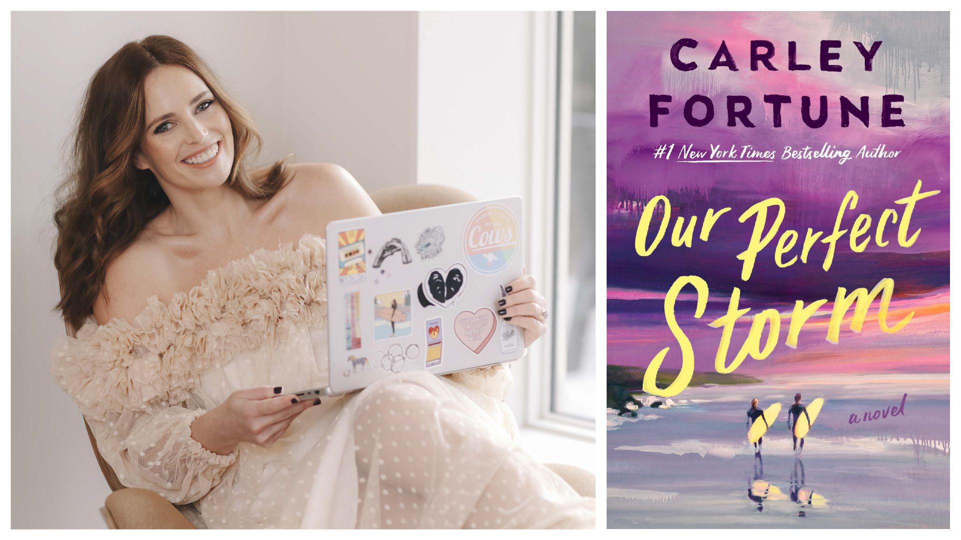 A smiling woman in a ruffled off-the-shoulder dress holds a laptop covered in stickers.