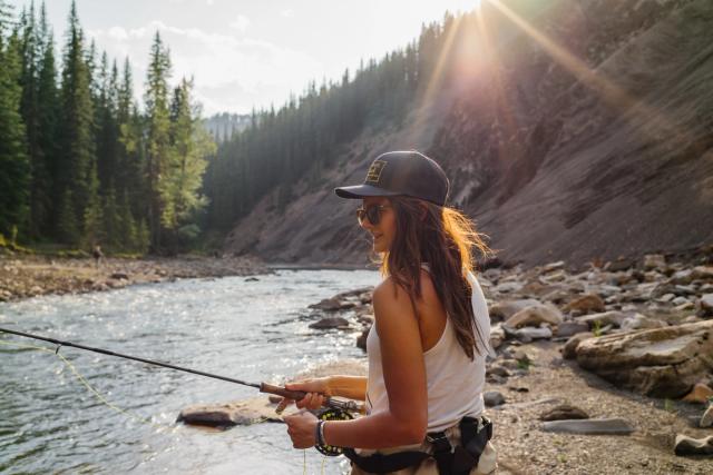 Women fly fishing at Ram Falls Provincial Park.