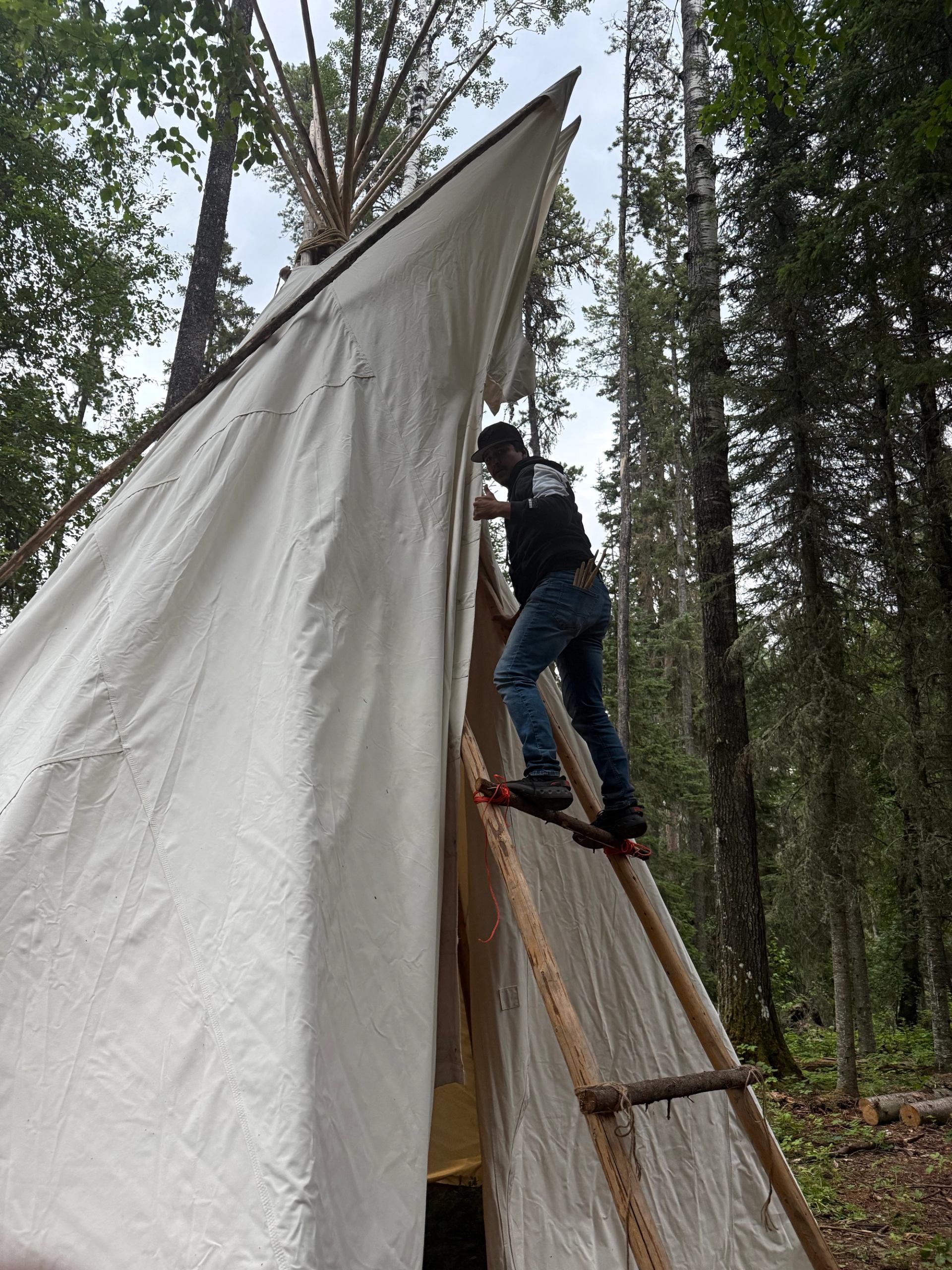 Person on ladder working on canvas tent in forest at WITA Culture Camps.