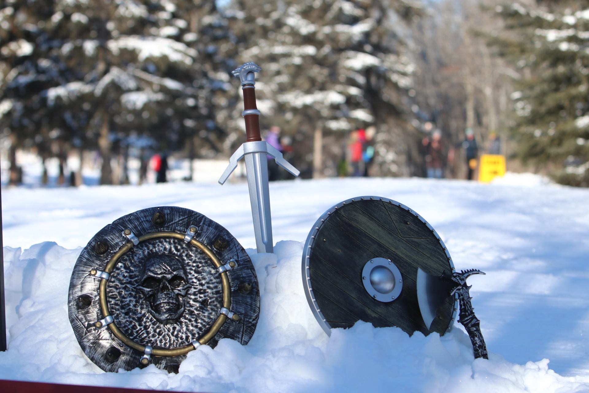 Ornate and plain shields with sword in snow, trees and people in winter background.