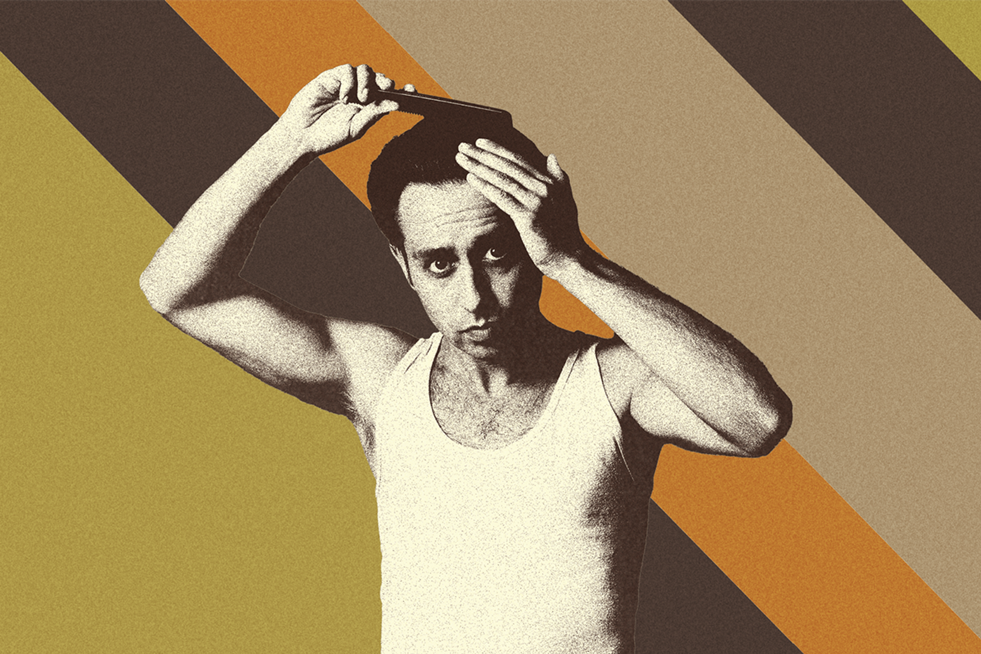 A vintage 1970s style image of Farren Timoteo. He wears a white tank top and combs back his hair.