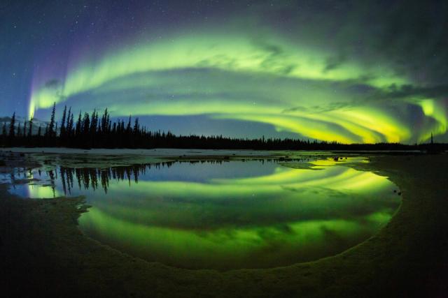 Northern lights over lake at Wood Buffalo National Park.