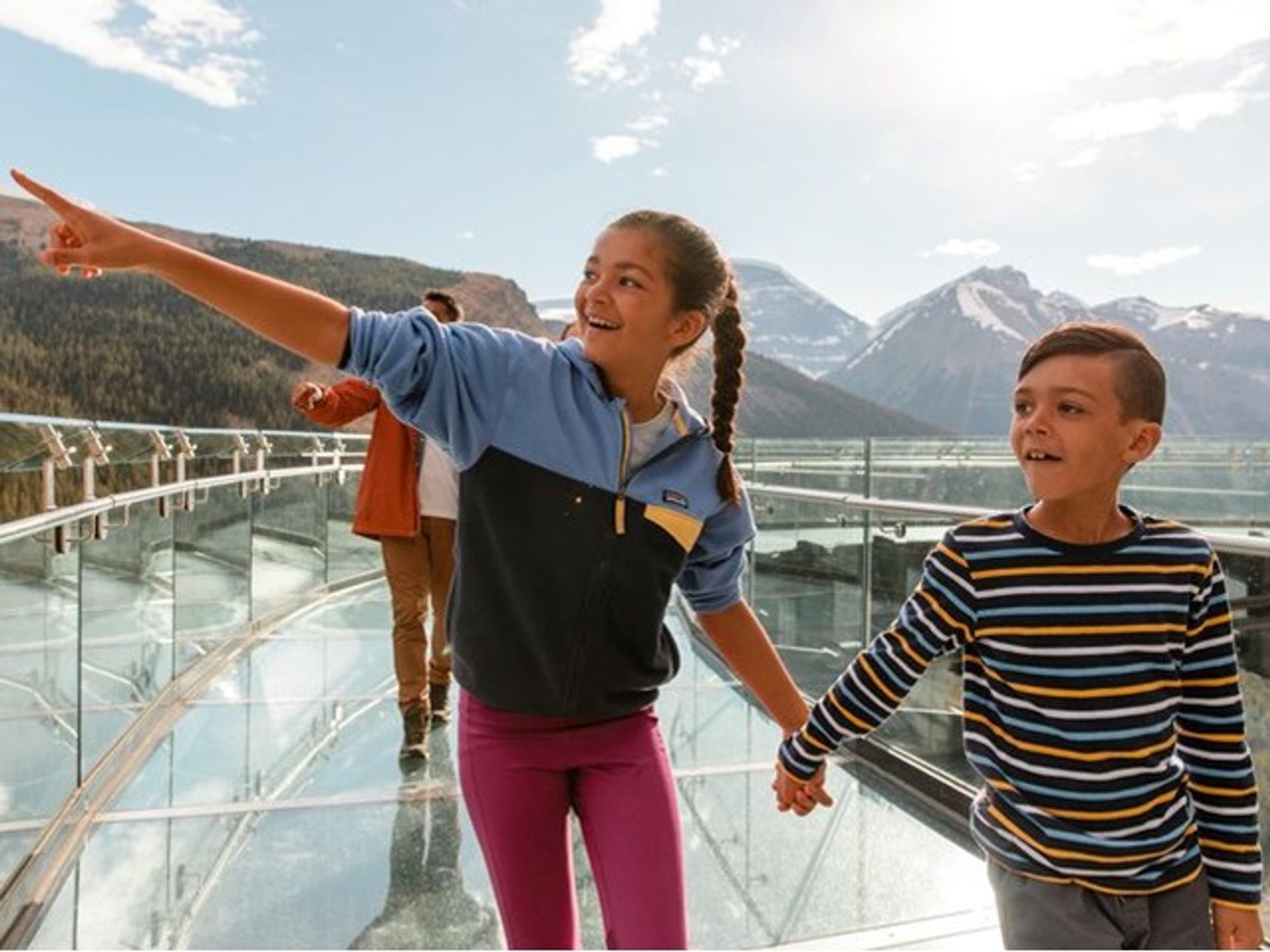 Kids exploring the Columbia Icefield Skywalk in Jasper National Park.