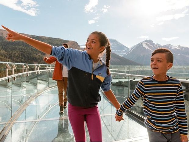 Kids exploring the Columbia Icefield Skywalk in Jasper National Park.