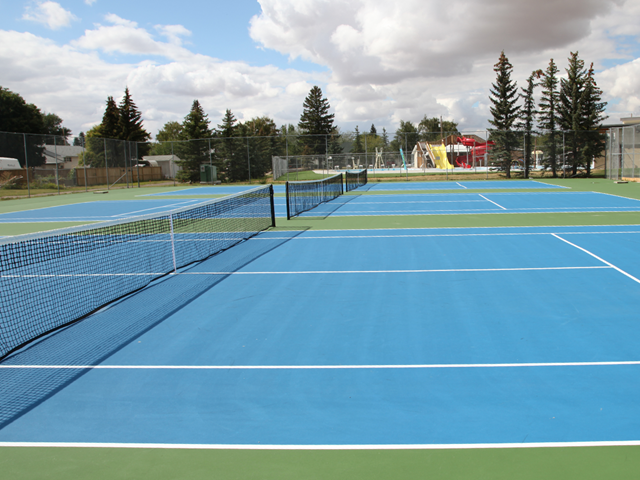 Outdoor tennis court with blue surface, green borders, and trees in the background.