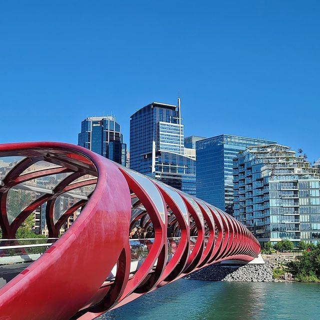 Red modern bridge with curved design against a backdrop of glass skyscrapers under a clear blue sky, conveying a sense of urban innovation.