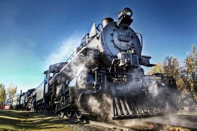 A steam train carrying visitors at Heritage Park in Calgary.