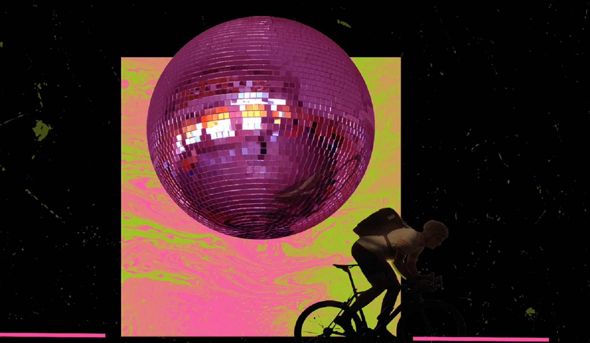 Person riding a bicycle with a big giant disco ball behind them.