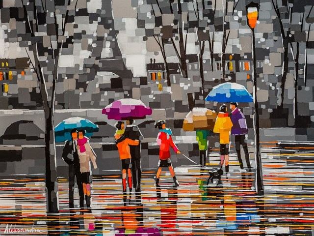 Street mural shows people standing on a colourful striped walkway beside trees and buildings.