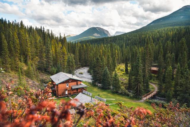 Aerial view of Sundance Lodge nestled in the forest in Banff National Park.