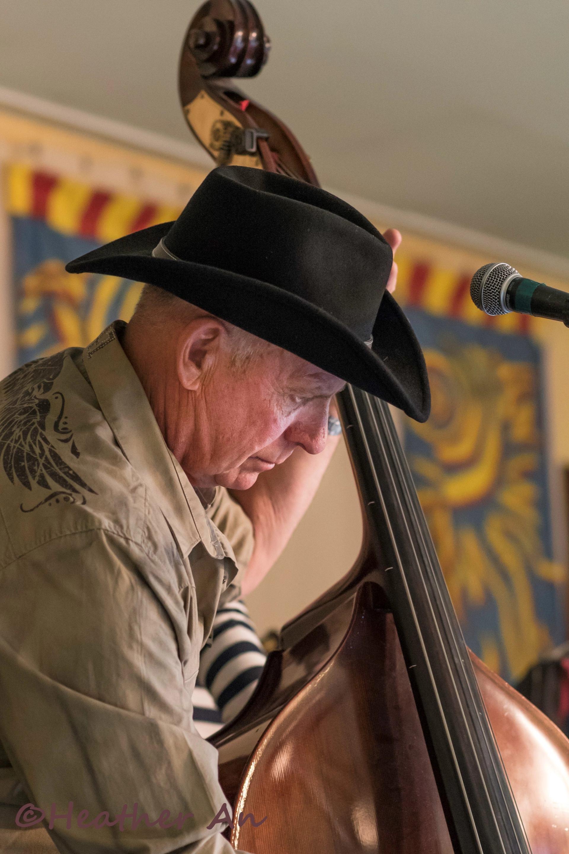 Musician playing an upright bass near a microphone.