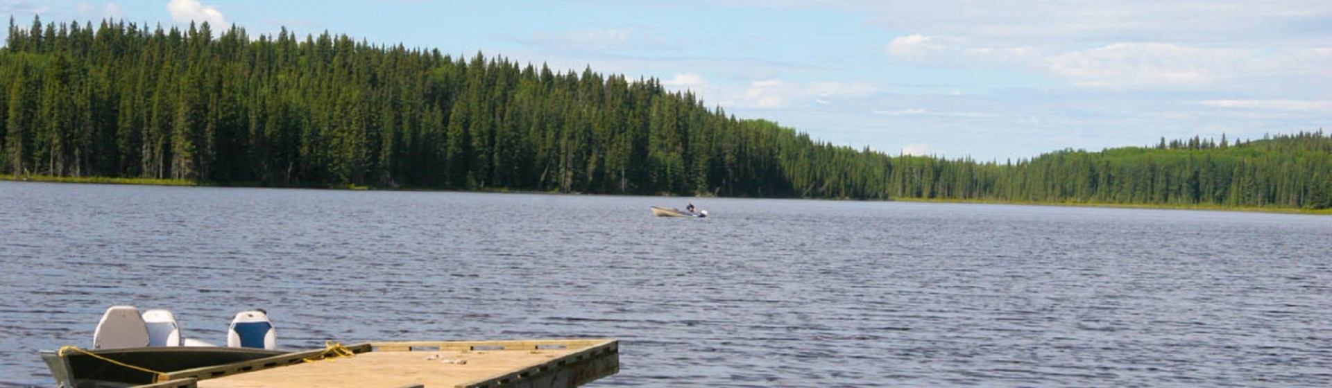 Wooden dock on calm lake, surrounded by forest.
