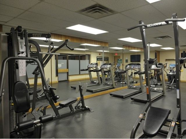 Gym equipment inside a fitness room, with treadmills, weight machines, and padded benches visible.
