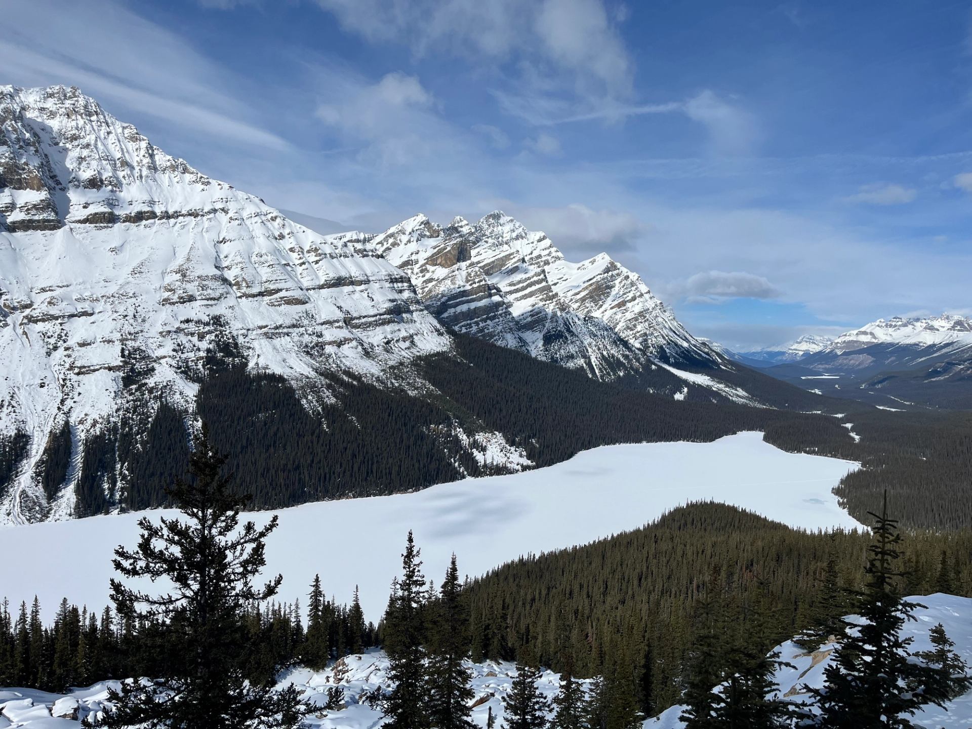 Snow-covered mountain range above frozen lake and dense evergreen forest under blue sky.