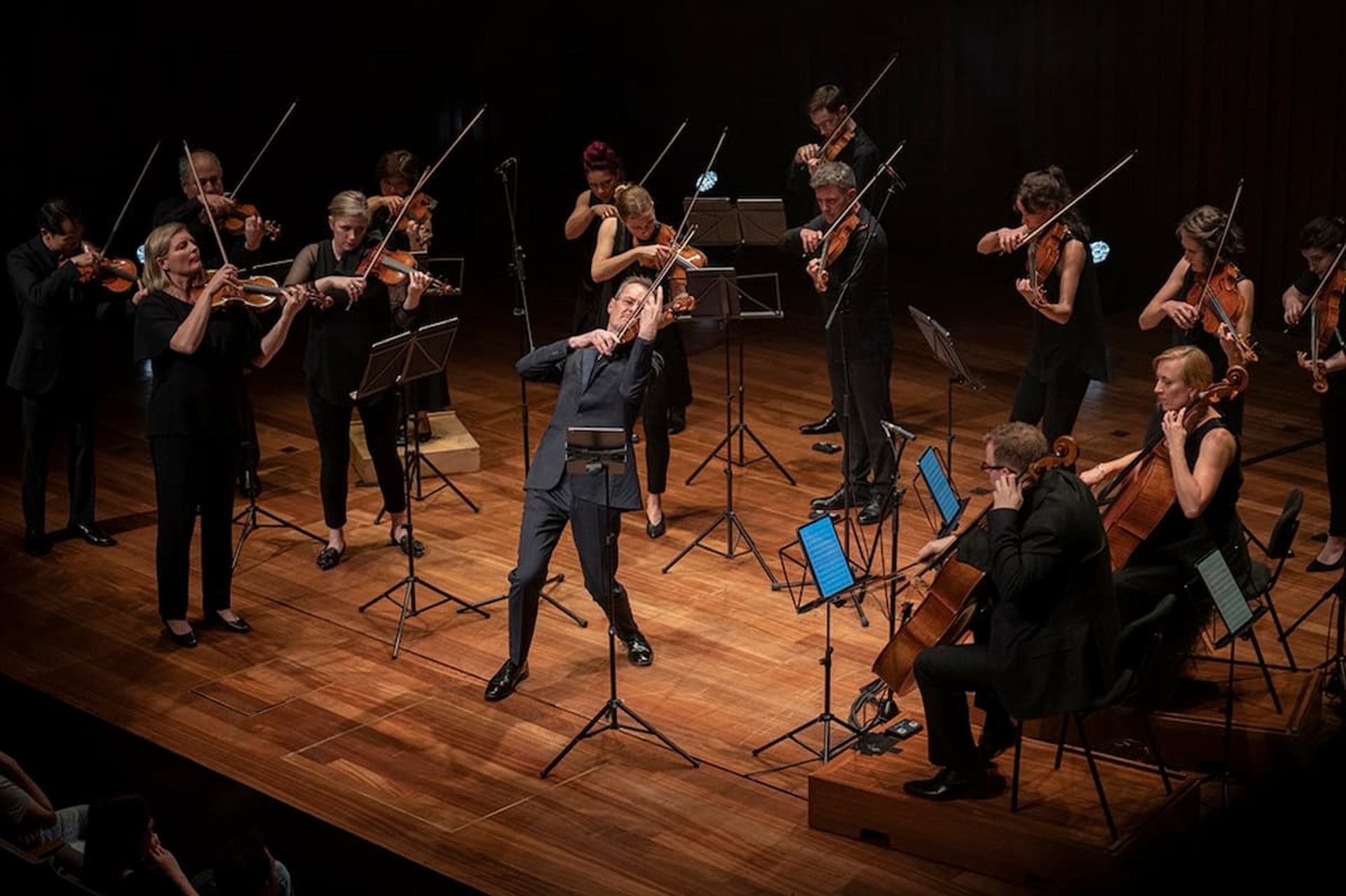 Chamber orchestra performing on a wooden stage with strings, conductor, and music stands under warm lighting.