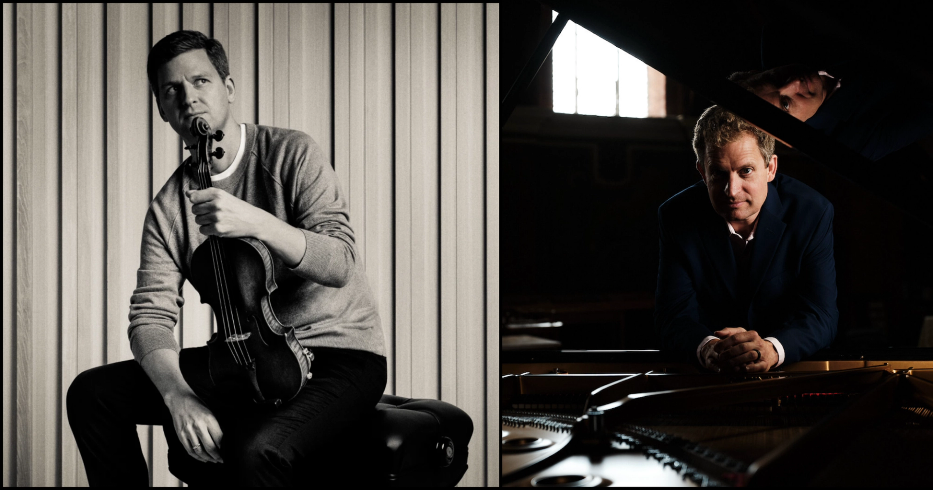 Split image showing violinist seated with instrument and pianist leaning on grand piano.