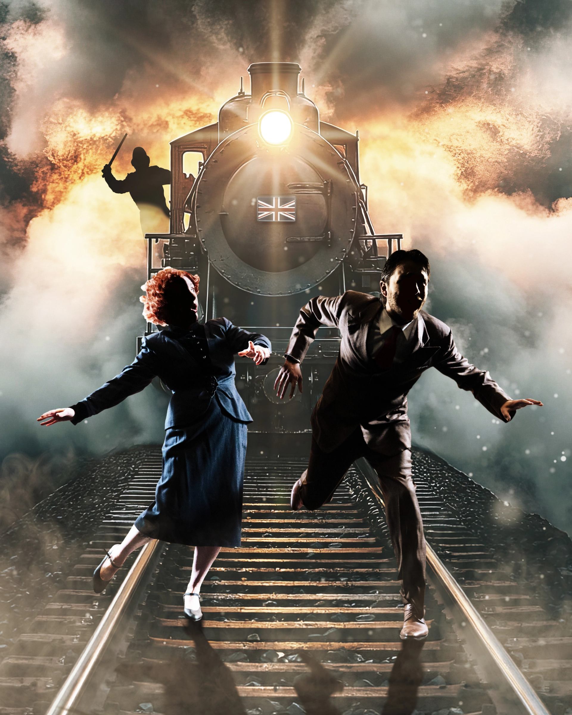 Steam train with bright headlight approaches as two people run along railway tracks.