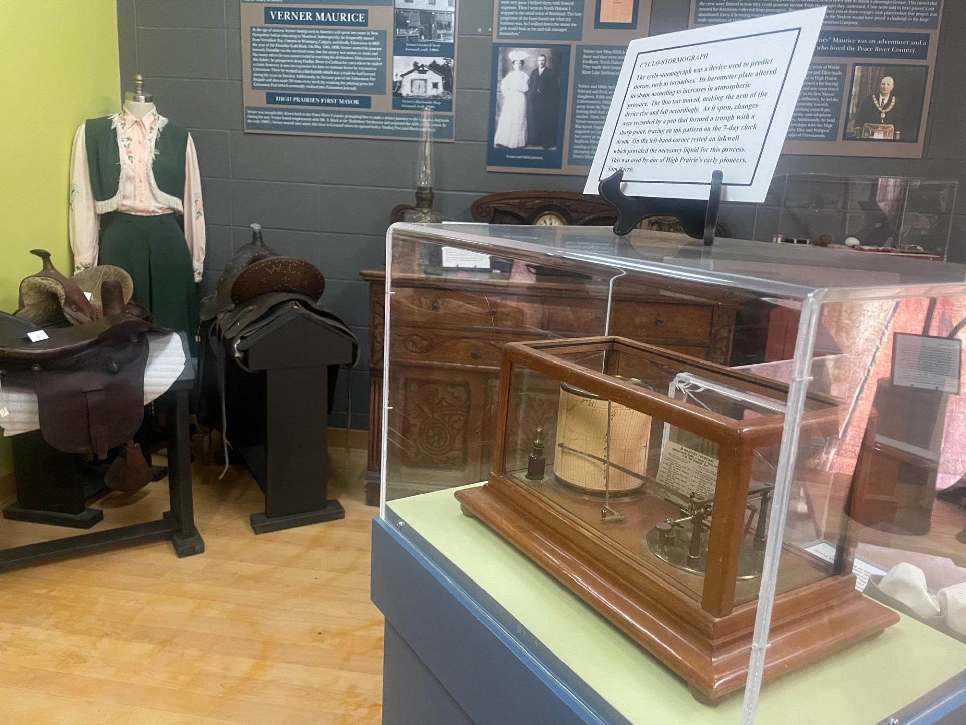 Artifacts on display against the backdrop of interpretive panels.
