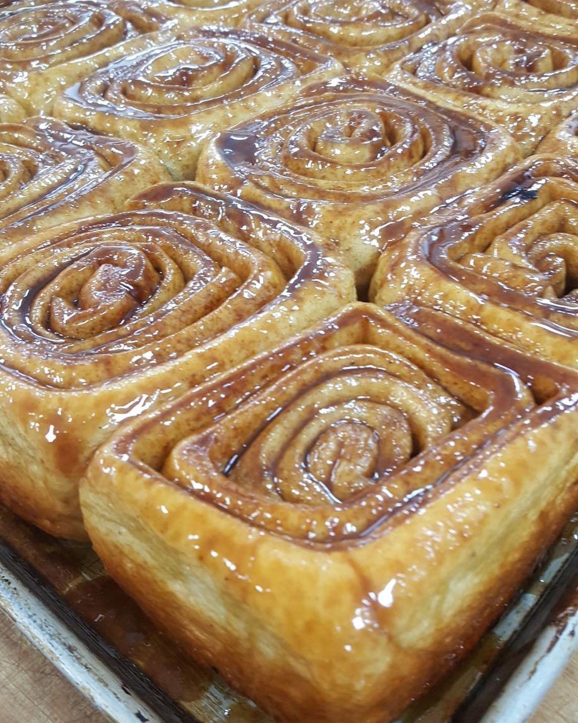Close-up of Redcliff Bakery’s gooey cinnamon rolls.