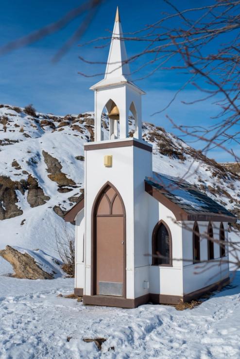 The exterior of Drumheller's Little Church in Alberta.