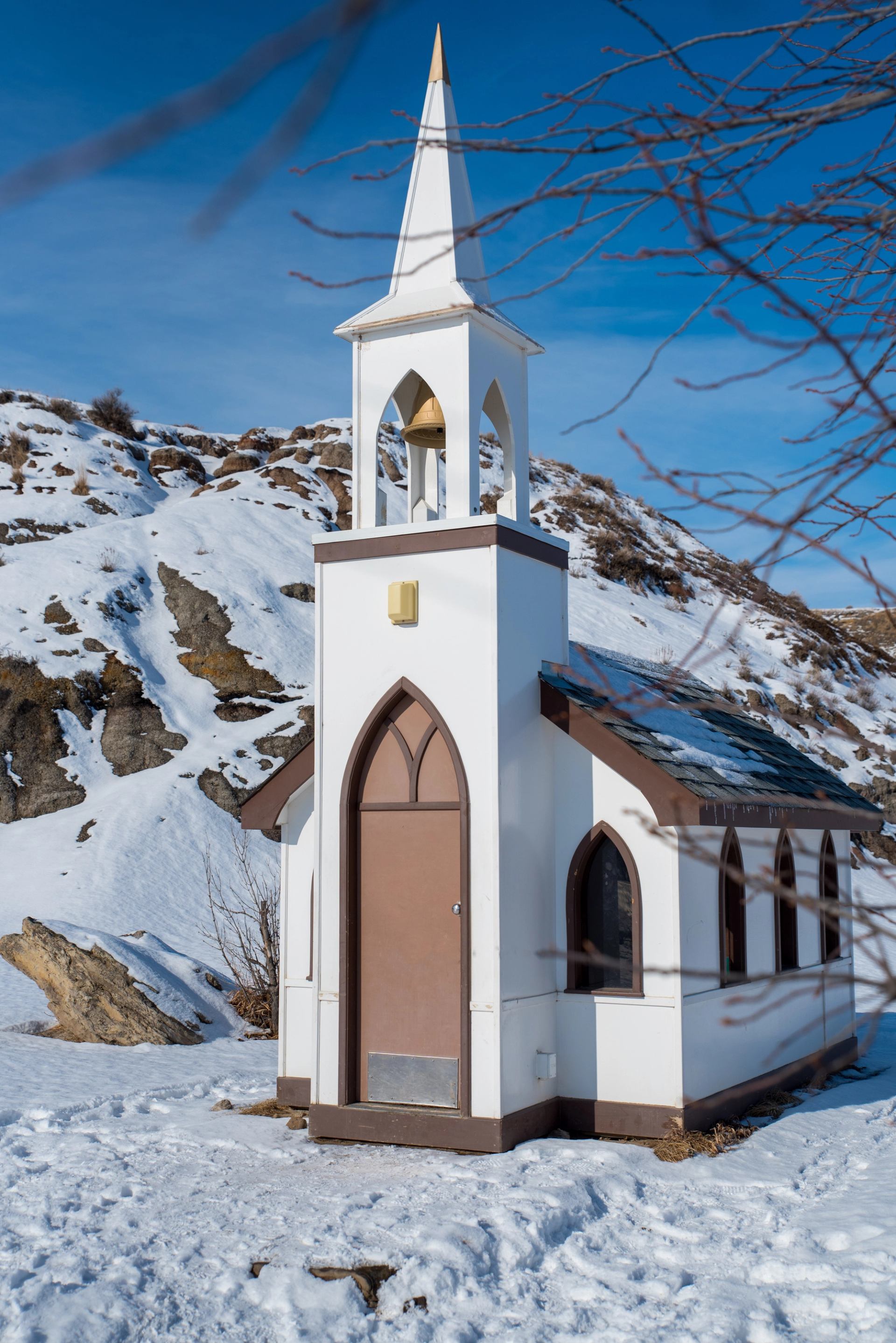 The exterior of Drumheller's Little Church in Alberta.