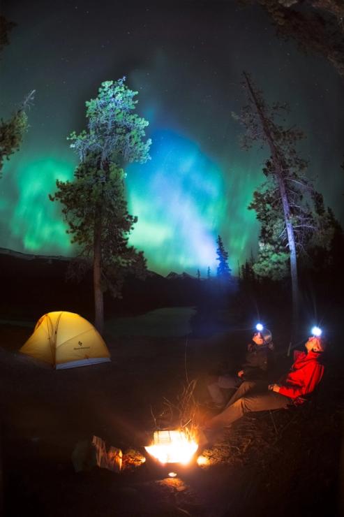 Couple sitting by a campfire in the forest underneath the northern lights at night in the Jasper National Park Dark Sky Preserve.