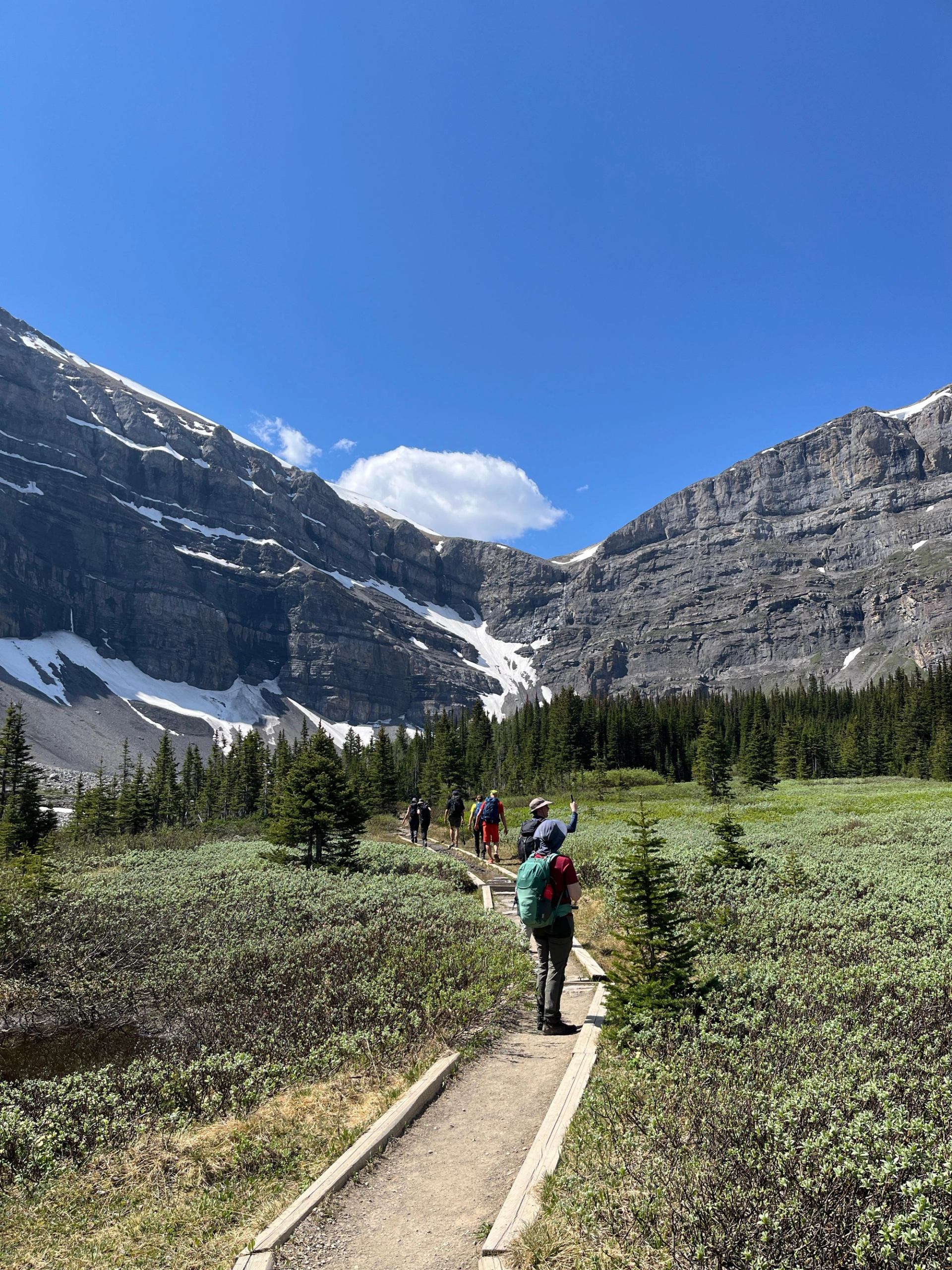group of hikers walking on path surrounded by a cathedral of mountain cliffs.