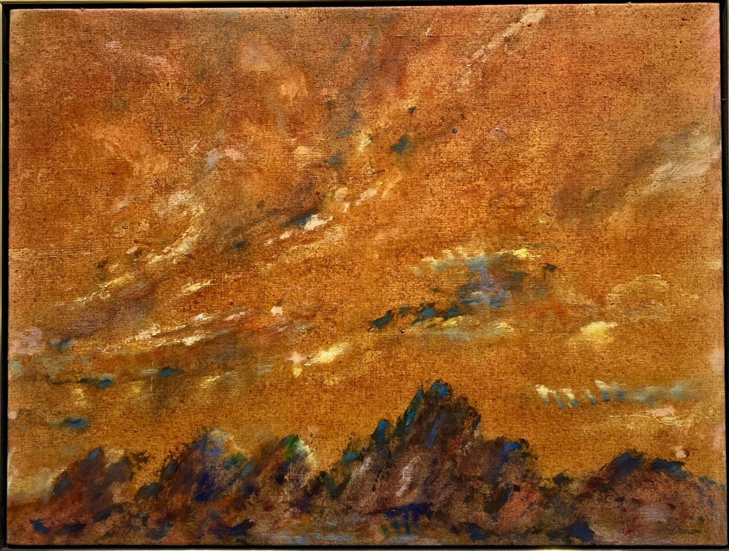 Abstract painting with warm orange background, blue brushstrokes, and white streaks on canvas.