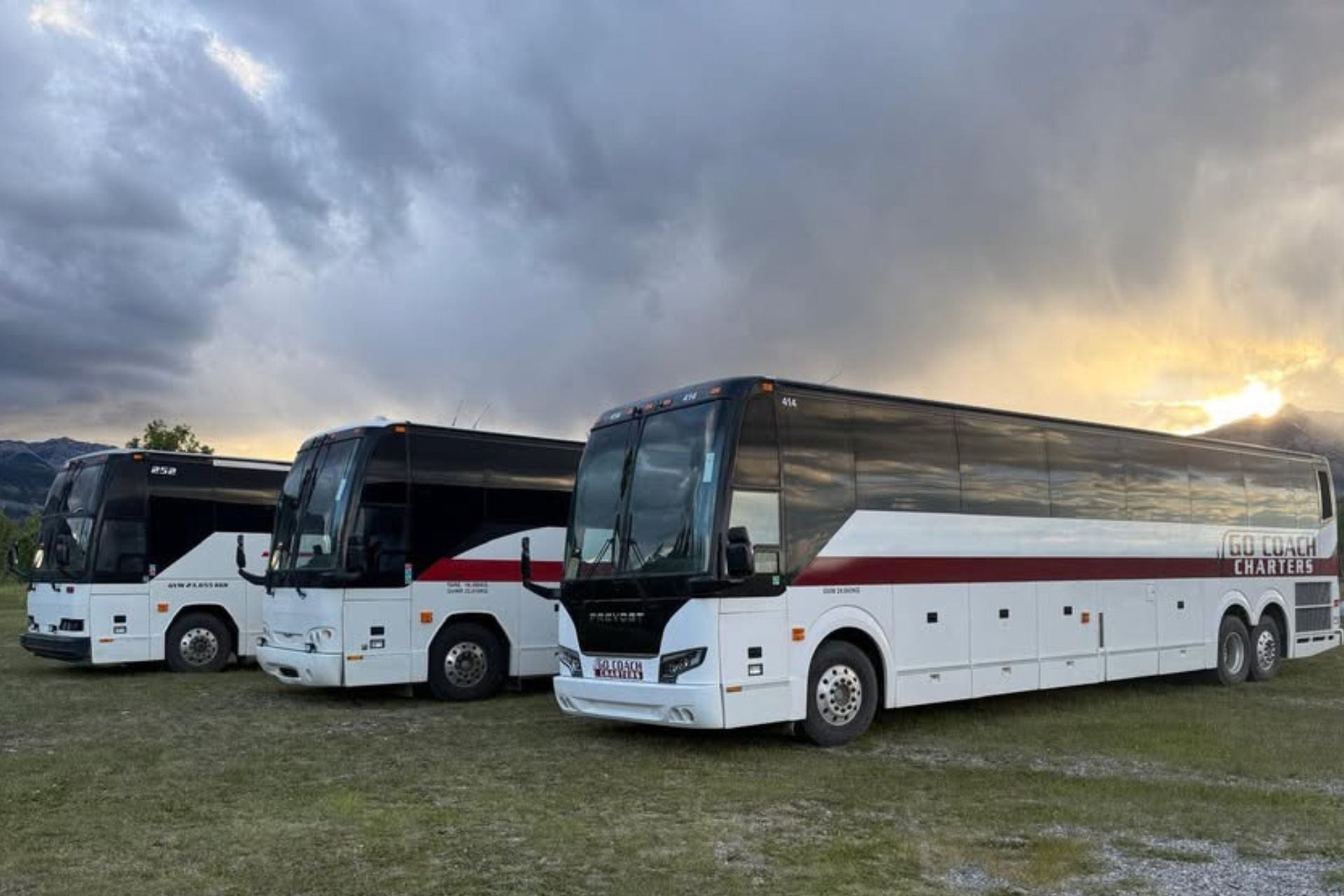 Three motorcoaches are parked on a grassy field with dramatic clouds and sunlight in the background.