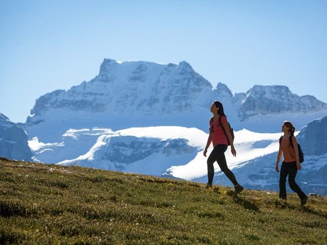 Two hikers walk along grassy ridge with snow-covered mountains in background.