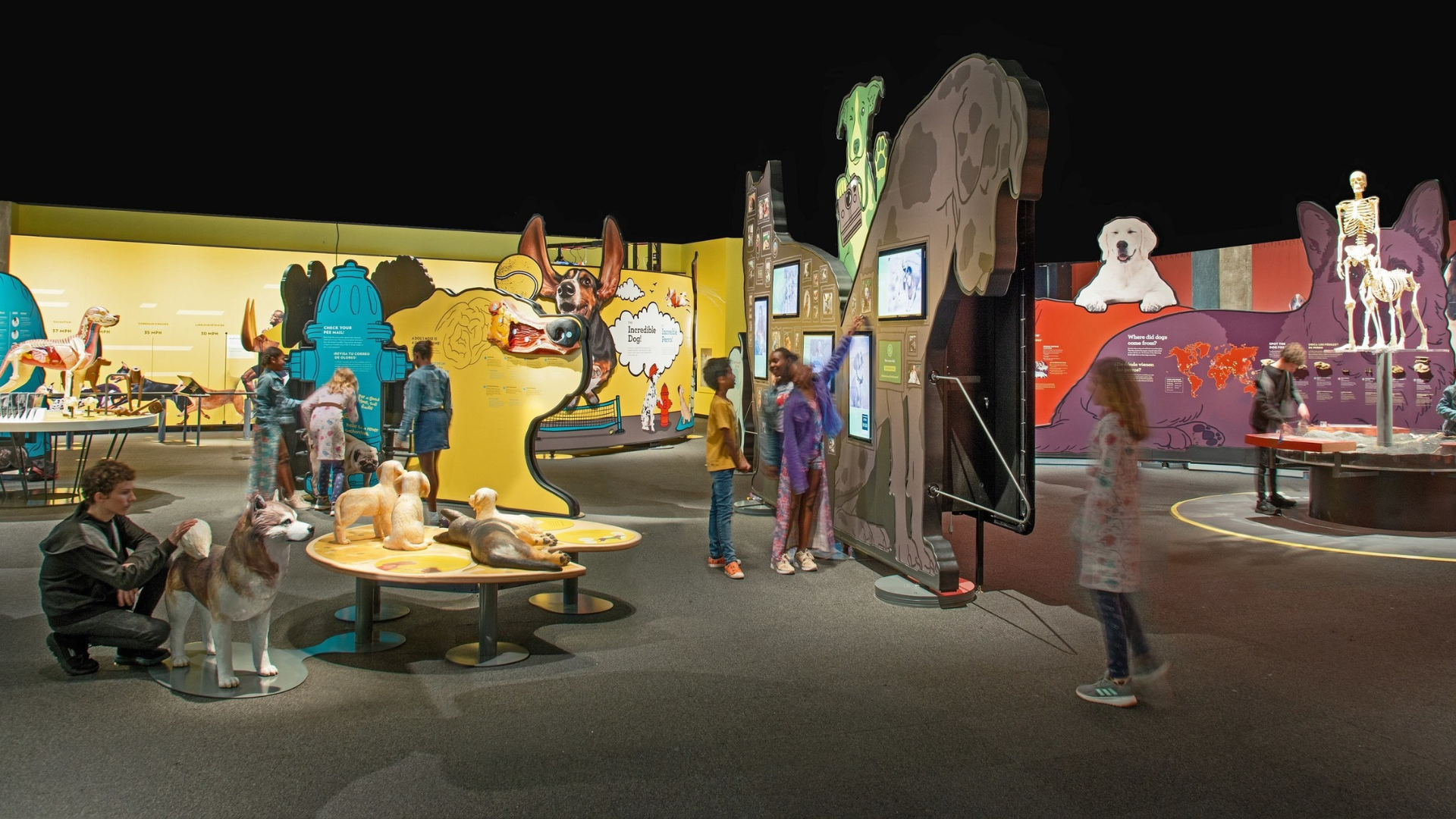Interactive dog-themed museum exhibit with children exploring displays, models and touchscreens.