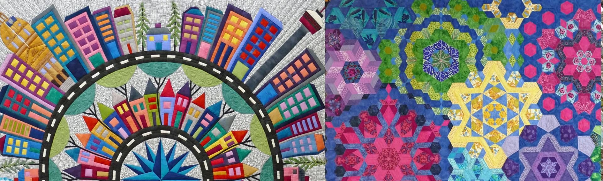 Colourful quilt art with arched cityscape on left and geometric star patterns on right.