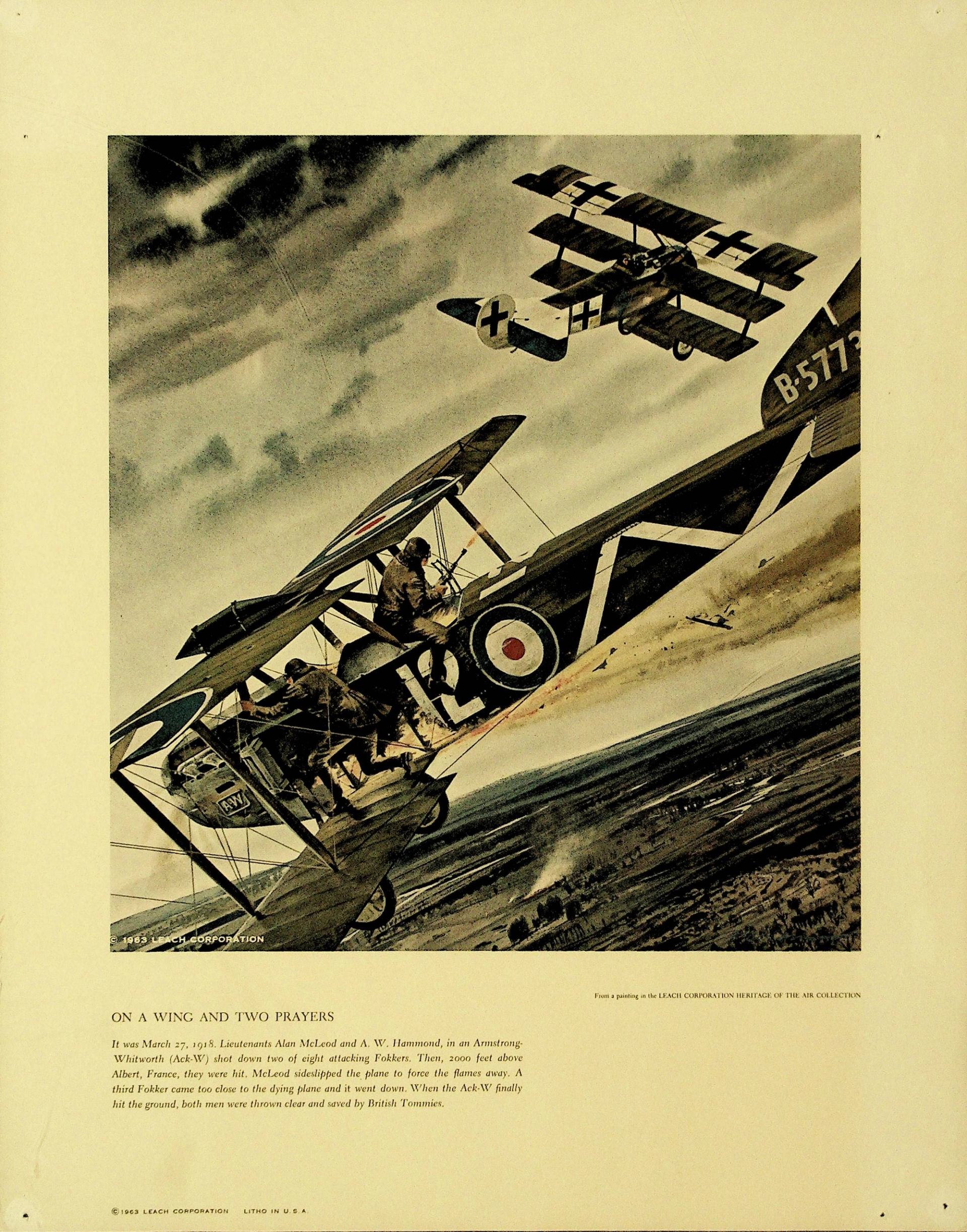 Vintage illustration of WWI biplanes in aerial combat over a battlefield.