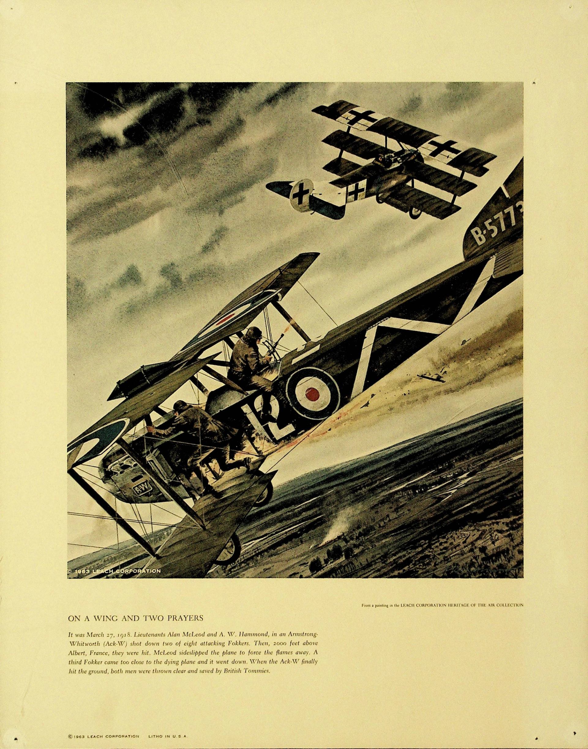 Vintage illustration of WWI biplanes in aerial combat over a battlefield.