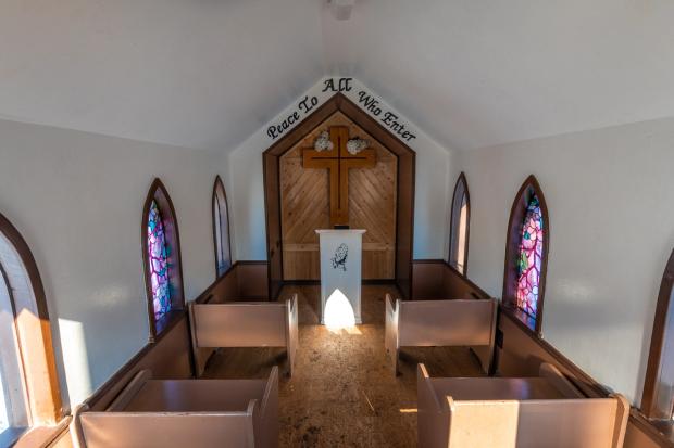 The interior of Drumheller's Little Church in Alberta.