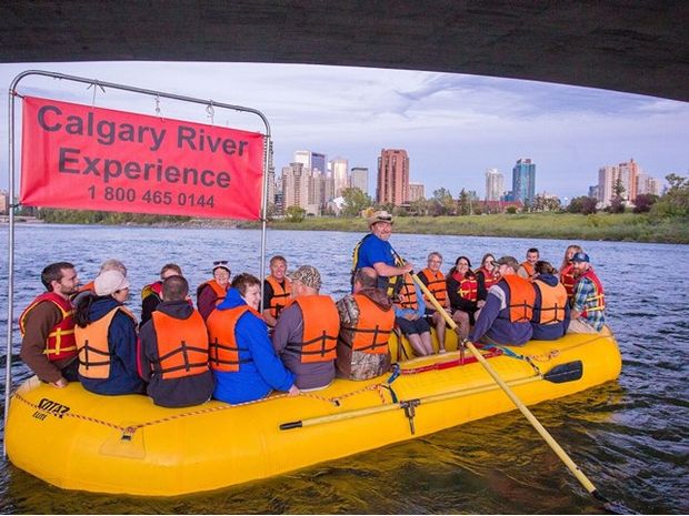 Close up of the Calgary River Expereince tour raft on the Bow River.