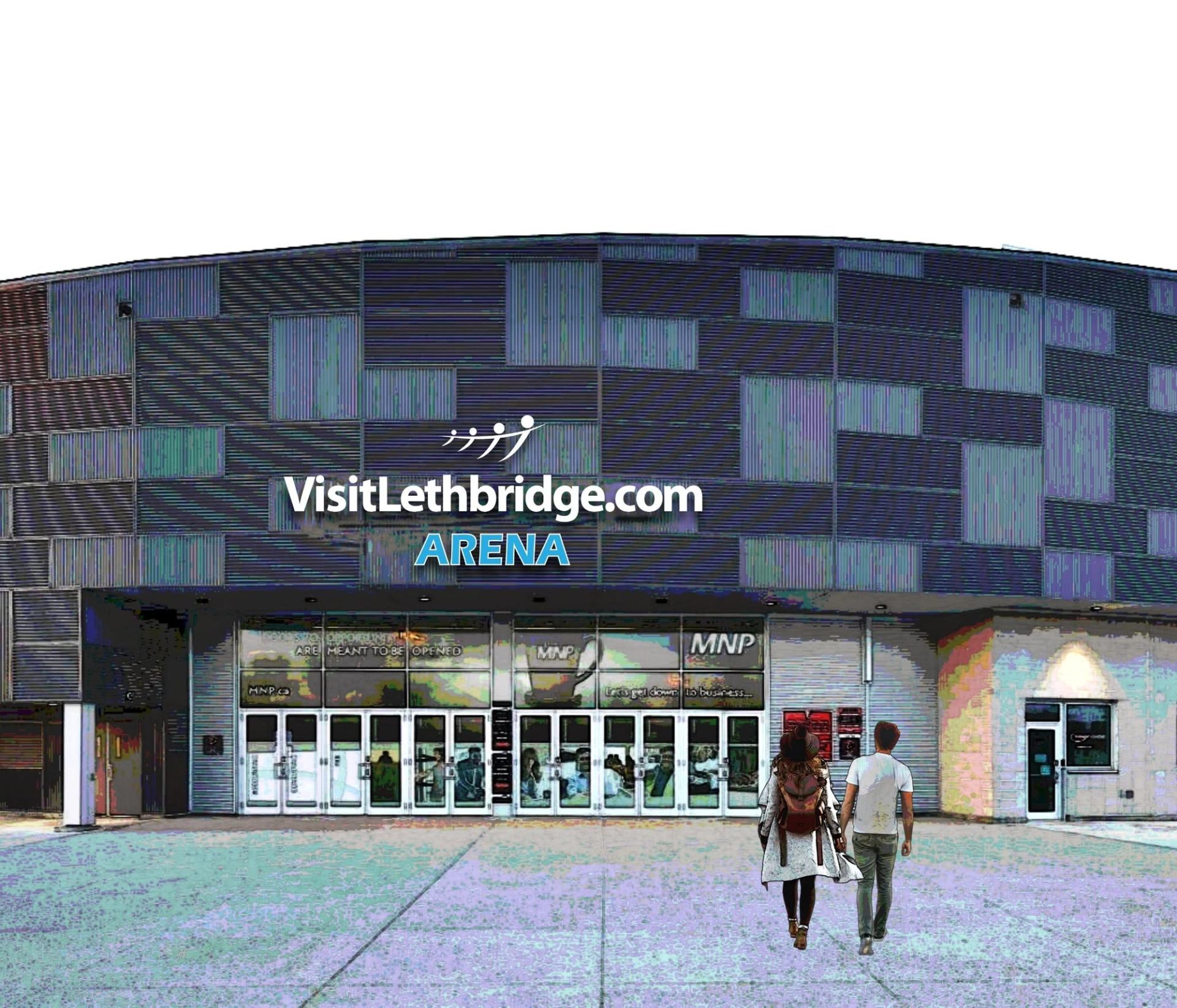 Exterior of VisitLethbridge.com Arena with patterned facade and two people walking inside.
